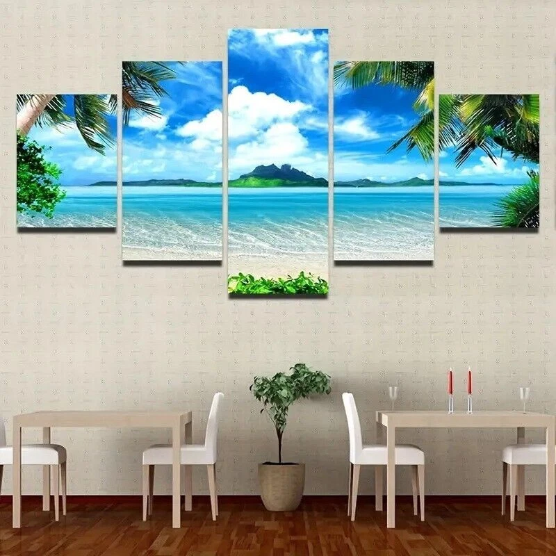Blue Ocean Sea Island Palm Tree Scenery Canvas Prints Painting Wall Art Decor 5P - Image 3 of 4