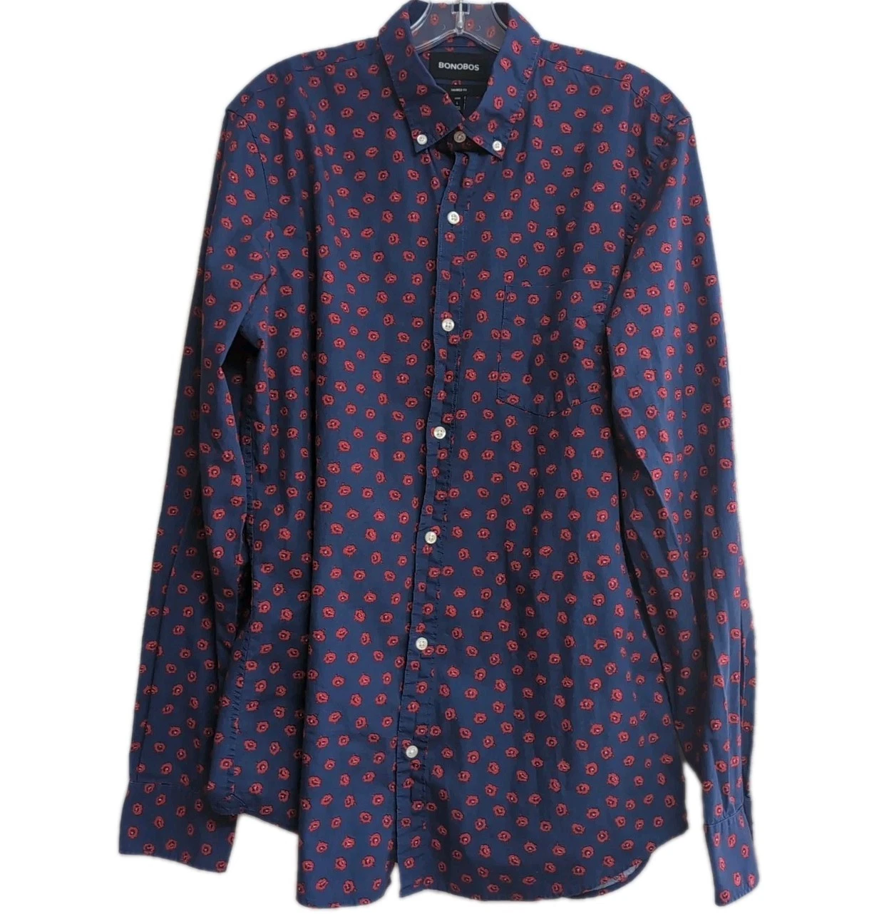 Bonobos Tailored Fit Shirt~100% Cotton~Long Sleeves~ Navy w/Red Pattern~Size L