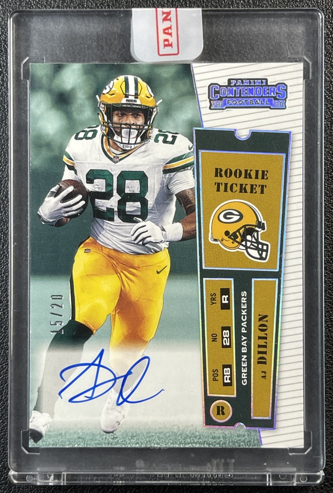 AJ DILLON 2020 PANINI CONTENDERS #RRT-AJD 2000 ROOKIE TICKET RPS AUTO RC 15/20