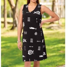 M. MAC Women XL Black Rock Fish Knee-Length Sleeveless Cotton Knit Dress Pockets