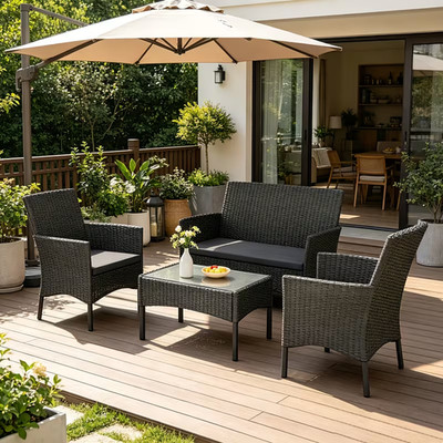 4 Sitzer Rattan Gartenmöbel Set Terrasse Sofa Tisch Stühle Glas Outdoor
