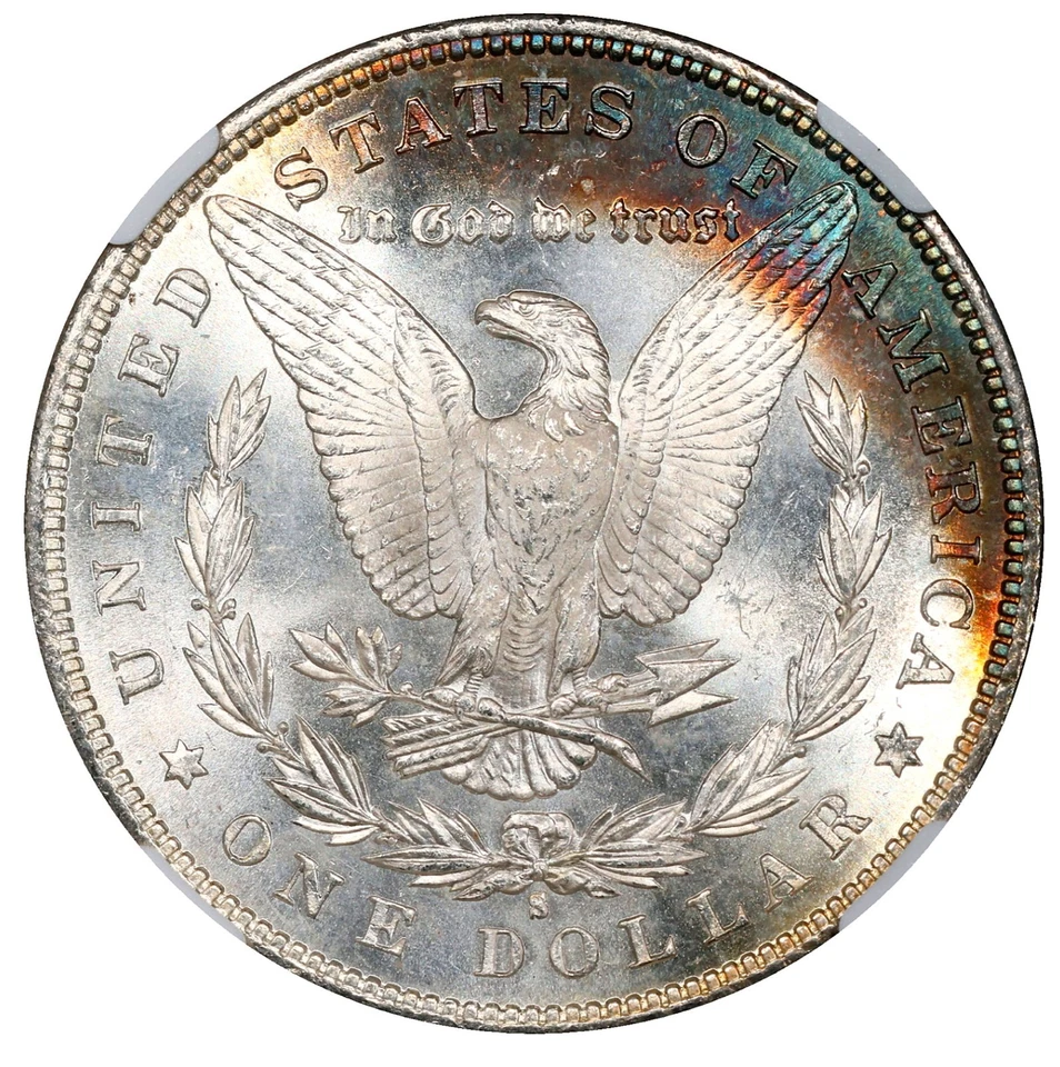 Dólar Morgan 1881-S NGC MS 62 Escarchado 2 Caras Arco Iris Tonificado Media Luna Foto 2 de 4