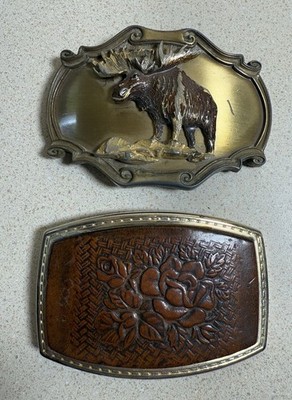 Lot Of 2 Vtg Western Style Belt Buckles 1970s Moose Raintree Leather Top Rose