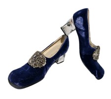 Custom Craft Vtg MCM 60s Blue Velvet Silver Square Toe Block Heel Bridal Size 7
