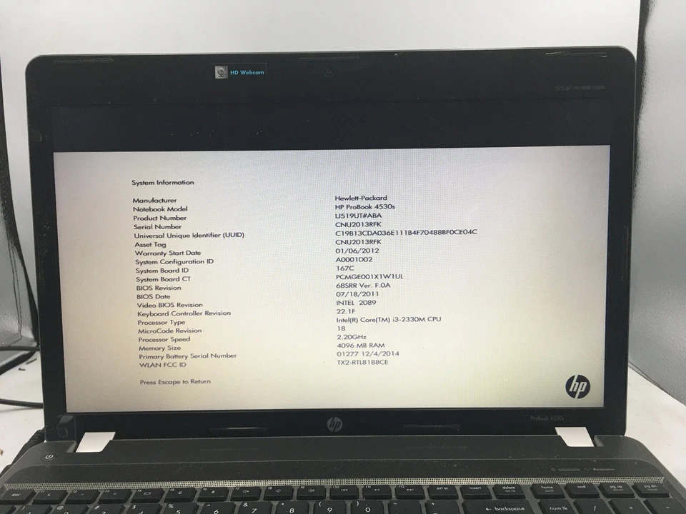 HP PROBOOK 4530S - BOOTS TO BIOS - INTEL I3 2330M - 4GB RAM - NO OS - READ - BB - Image 2 of 4