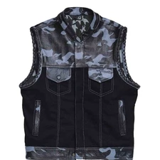 Men’s Black Camo Leather Motorcycle Vest Biker Club Waistcoat Concealed Carry