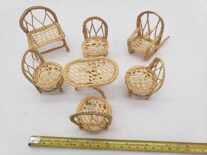 Vintage Natural Tan Rattan Dollhouse Furniture Lot 7pc Wicker Set 1:12 Sc. Boho