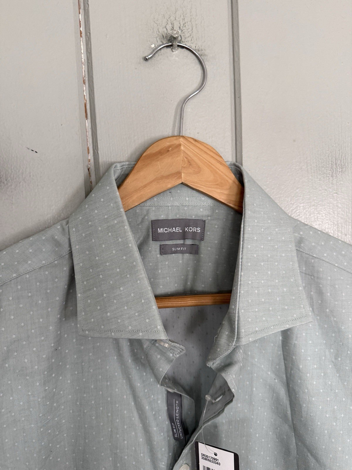 NWT Michael Kors Men’s Slim Fit Short Sleeve Button-Up Shirt L Large Sage Green thumbnail 3