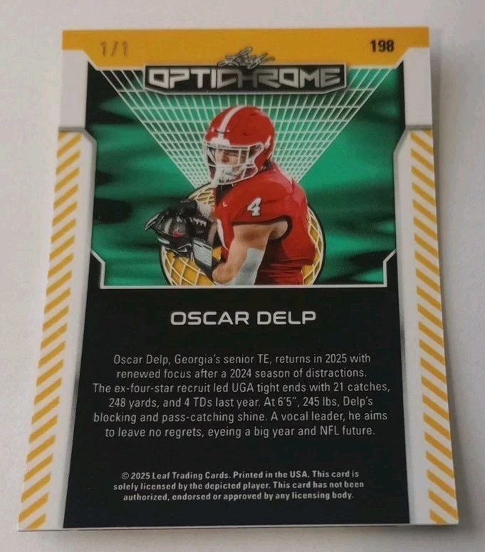 Oscar Delp 2025 Leaf Optichrome Purple 🟣 Shimmer Base Card 1/1 Georgia Bulldogs - Image 2 of 3