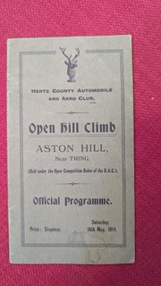Herts County Automobile And Aero Club Hill Climb Programme 1914 Motorsport