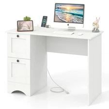 43" Home Office Desk Compact Study Writing Desk with 2 Drawers Charging Station