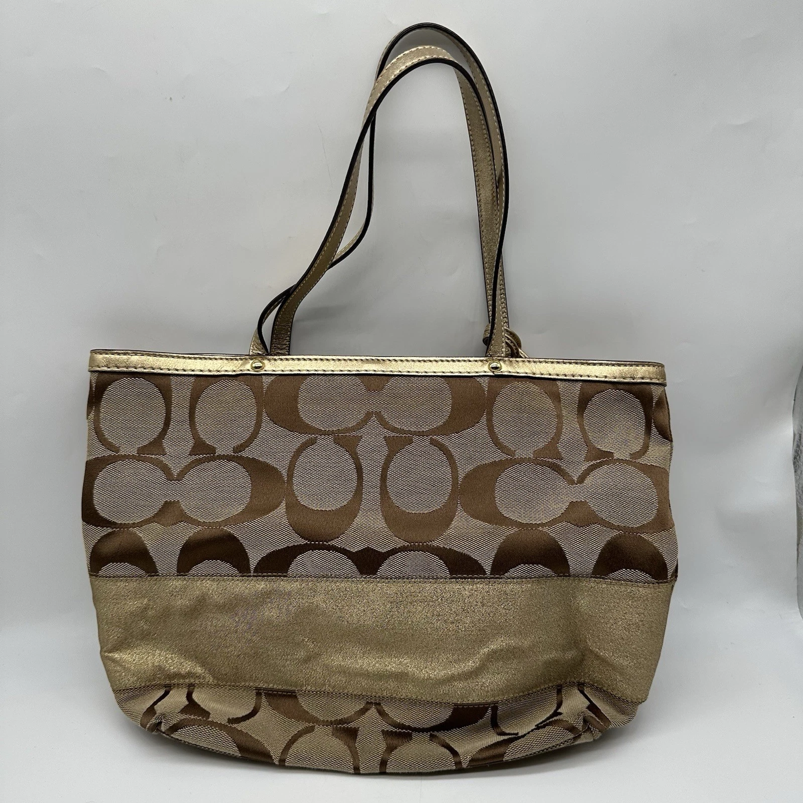 Borsa Coach Signature a righe kaki e cremisi tela pelle tote bag vintage nuova con etichetta