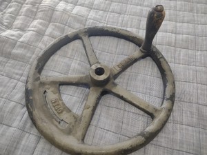 Vintage Industrial 12" Cast Iron 5 Spoke Hand Wheel USA Made Wood Handle Unique
