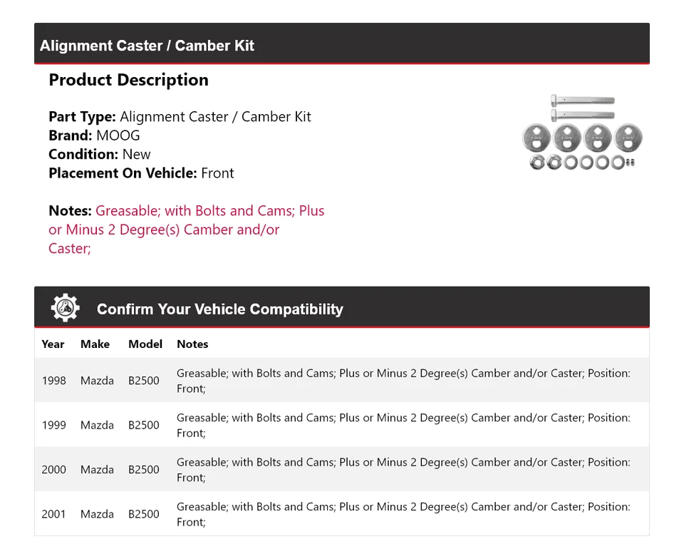 Kit de rueda de alineación/camber delantero MOOG 1998 1999 para Mazda B2500 1998-2001 Foto 2 de 3