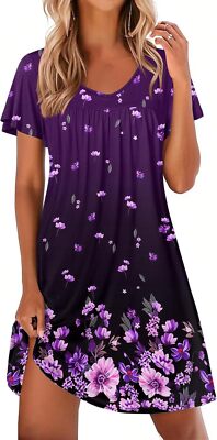 Women's Short Sleeve Pleated Nightgown - V Neck Soft Sleep Shirt House Dress