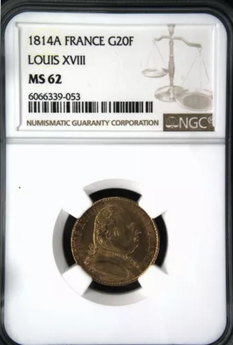 FRANCE , GOLD 20 FRANCS 1814 A PARIS - LOUIS XVIII -  NGC MS 62 , RARE3