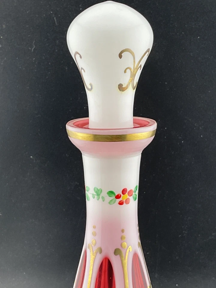 czech bohemian white cut to ruby overlay glass decanter set - Image 4 of 4