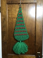 VTG Macrame Christmas Tree Wall Hanging Nylon Fiber Red Wood Beads 1970s 34x13  