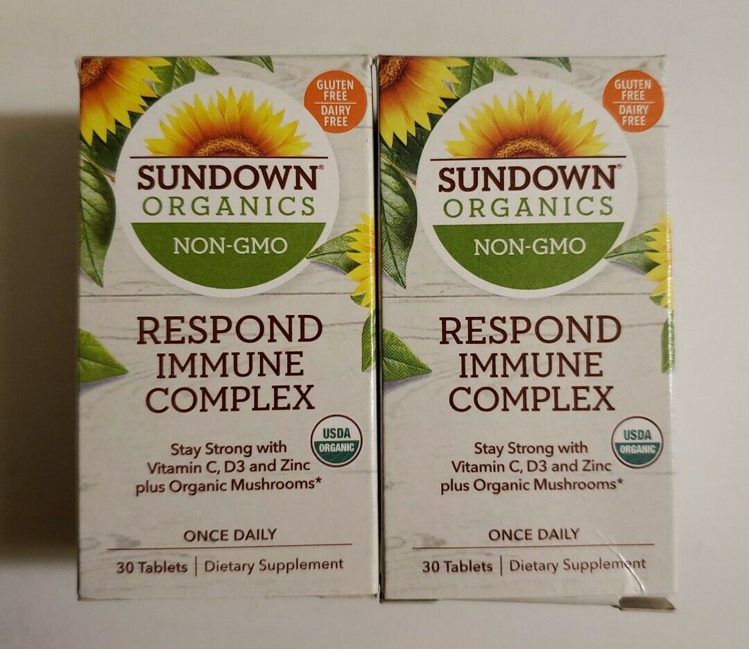 2 New Sundown Organics Respond Immune Complex Vitamin C, D3+Mushrooms Exp 7/22