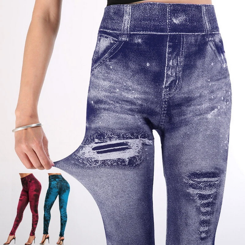 Womens Ladies Leggings Pants Plus Size Stretchy Denim Look Skinny Jeggings  UK