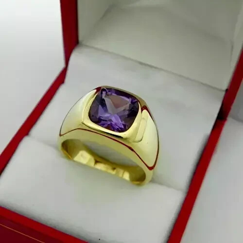 Cushion Cut Lab Created 2CT Amethyst Solitaire Men's Ring 14K Yellow Gold Plated - Picture 4 of 6
