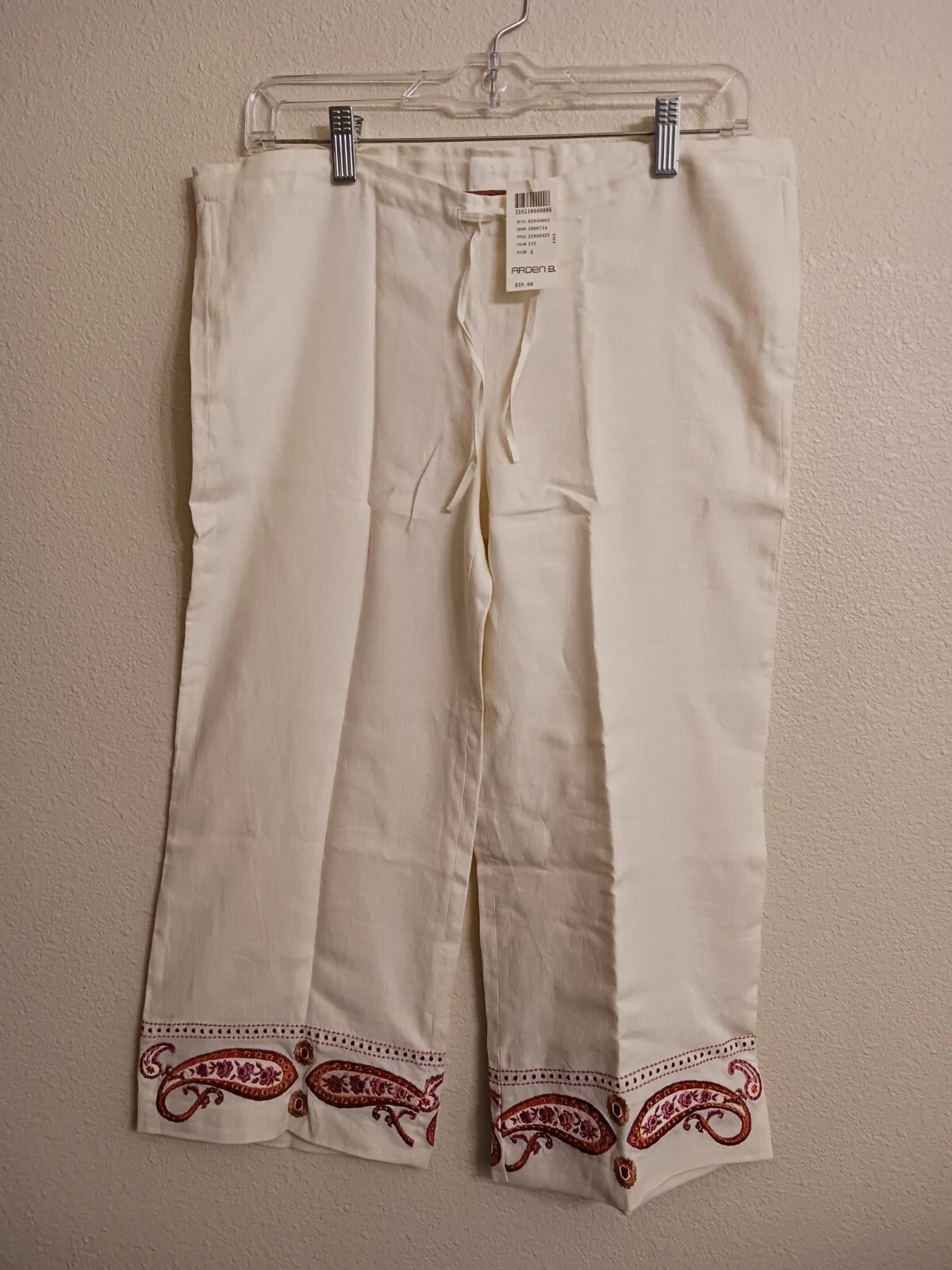 Arden B 34" Waist Womens 4 Ivory Linen Paisley Embroidery Capri Pants NWT