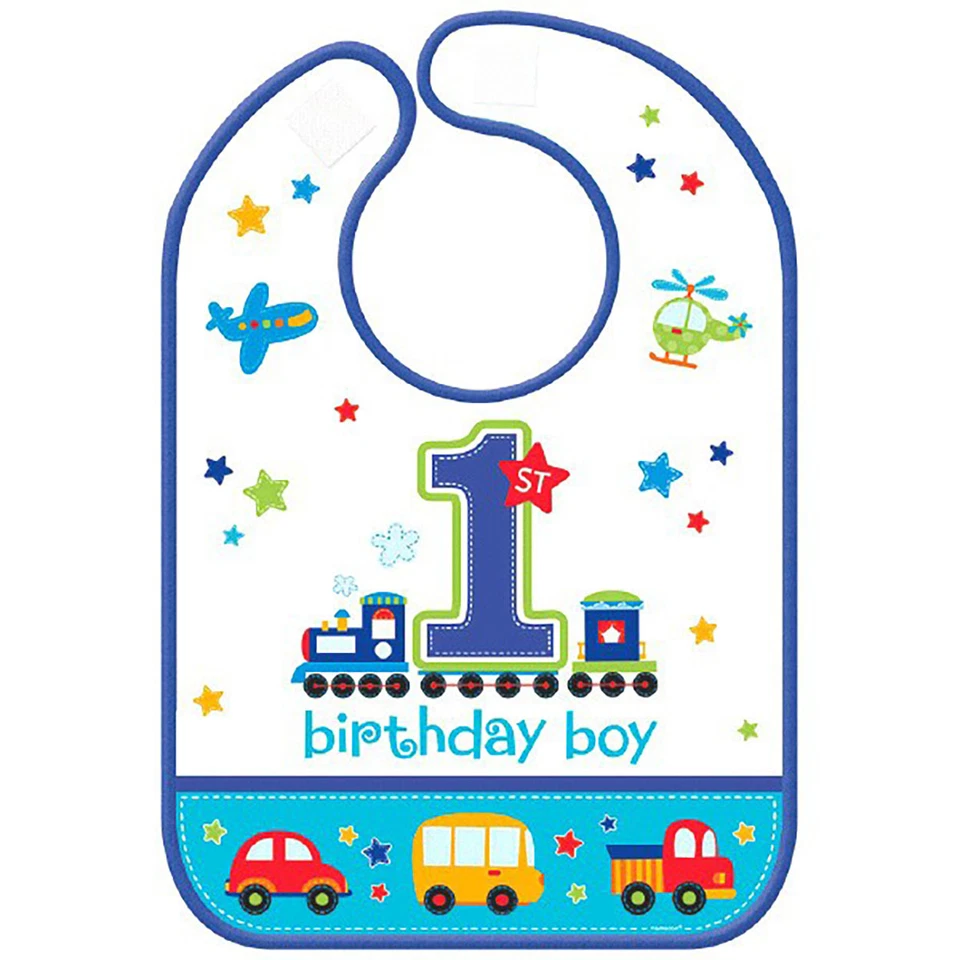 Todo a bordo Primer Cumpleaños Vinilo Babero Bebé Niños 1er Cumpleaños Fiesta Suministros Tren Foto 3 de 3