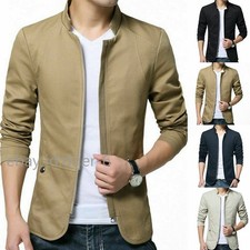 Mens Casual Jacket Blazer Coat Formal Button Stand Collar Slim Fit Suit Business