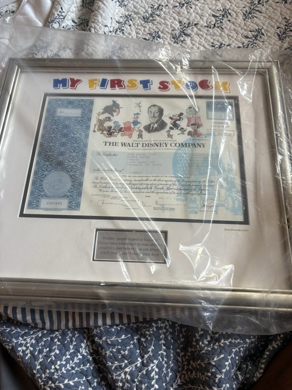 The Walt Disney Company “My First Stock” Framed Stock Certificate