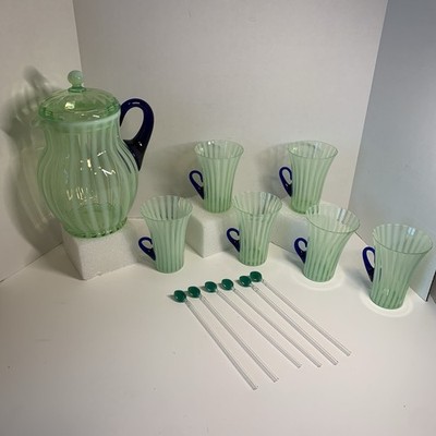 1920 FENTON GREEN OPALESCENT STRIPE LEMONADE SET #222 PITCHER @ 6 CUPS STIRS