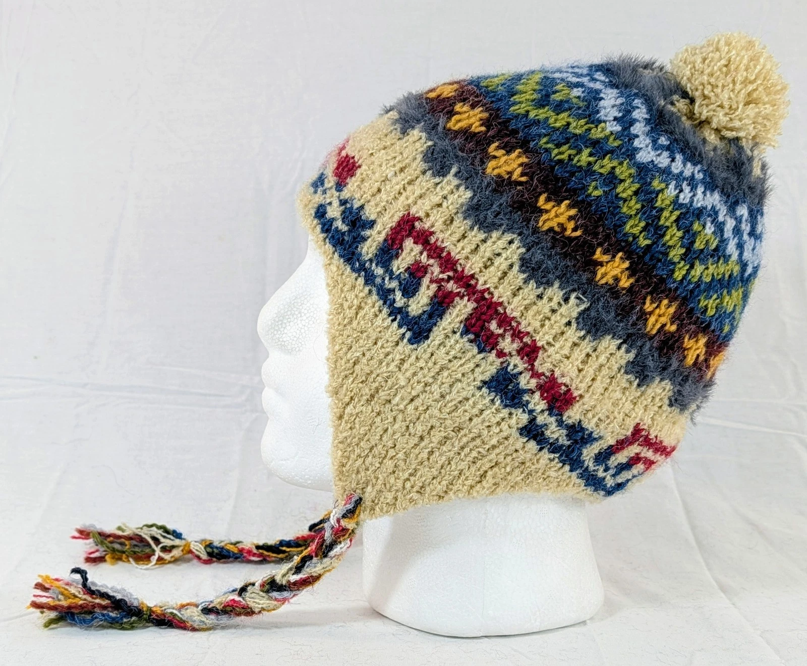 Colorful Soft Alpaca Chullo Beige Beanie Pom Pom Earflap Unisex Handmade Boho