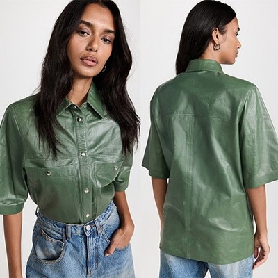 NEW Iro Lamb Leather Signy Short Sleeve Top Leather in Vintage Green Sz: Small