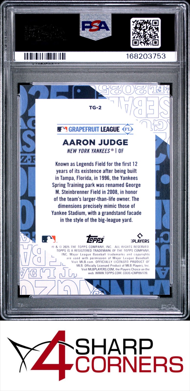 2025 TOPPS TRAINING GROUNDS #TG2 AARON JUDGE YANKEES PSA 10 view 2