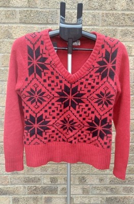 Covington Vintage 90 Red Snowflake Pullover Angora Blend Fuzzy Knit V-Neck Retro S