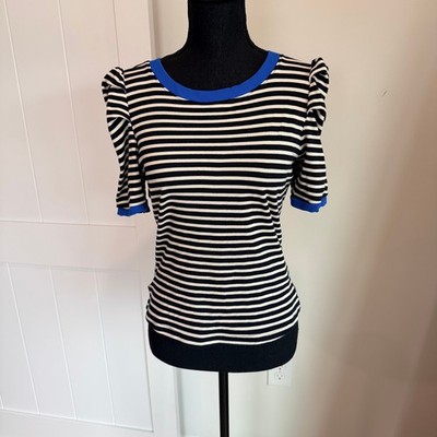 Maeve Anthropologie Striped Puff Sleeve Knit Top Black White Blue Trim Medium