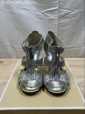 Michael Kors Silver Glitter Front Zip Cage Sandal Heels Women's Size 5.5 NIB