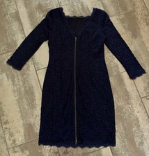 Adrianna Papell Evening Cocktail Dress Dark Blue Lace 3/4 Sleeve Dress Size 8