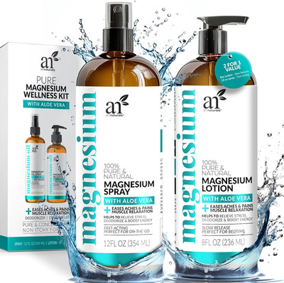 Magnesium Oil Spray 12 oz + Body Massage Lotion Set 8oz for Feet & Sleep - Extra