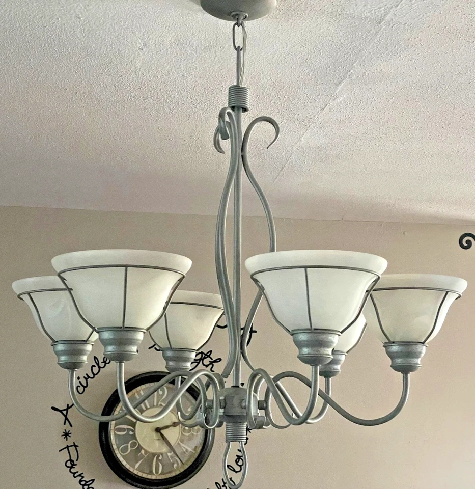 EUC Vintage 6 Globe Frosted Glass Brushed Nickel Chandelier country classic MCM - Image 3 of 4