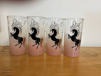 Set of four vintage Libbey frosted pink highball glasses horses 22K Gold Accents