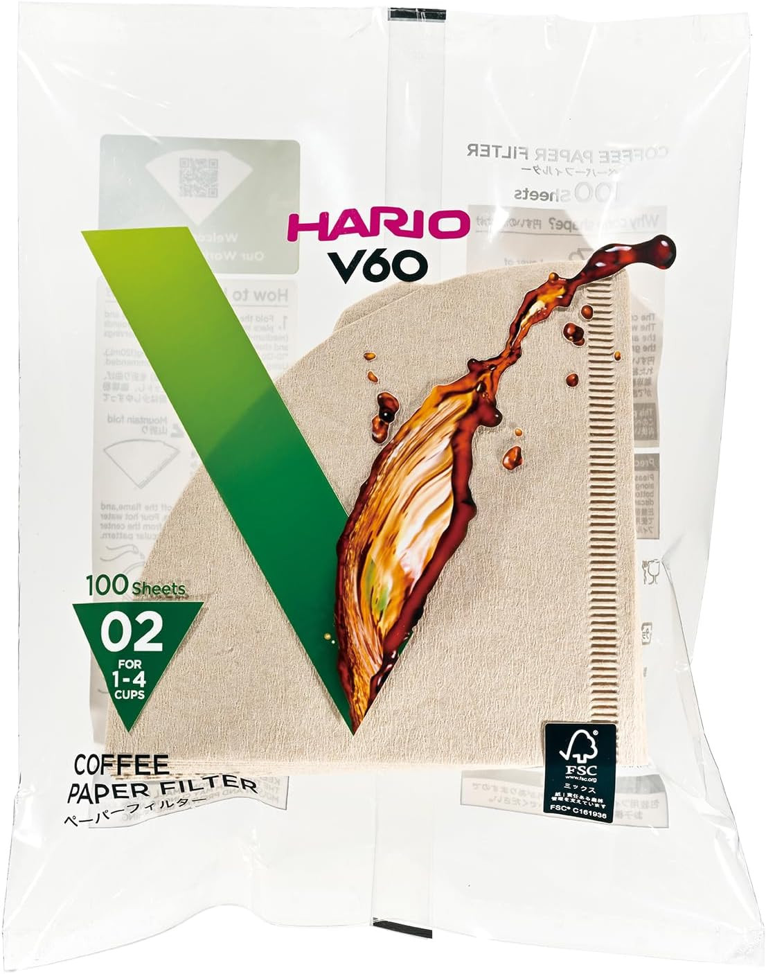 V60 Paper Coffee Filter, Size 02, Natural, 100Ct