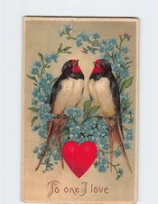 Postcard Embossed Love Birds Floral Art Print Greeting Card