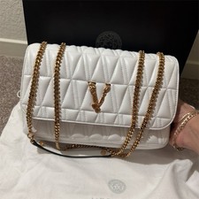 Versace Quilted White Shoulder Bag Gold-Tone Hardware Logo Accent Designer