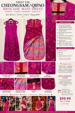 NWOT VTG Style Fuchsia Pink Satin Qipao Cheongsam Maxi Dress Floral Jacquard 2-4