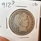 1912-D Barber Half Dollar 50C Silver, Circulated Business Strike Denver Mint