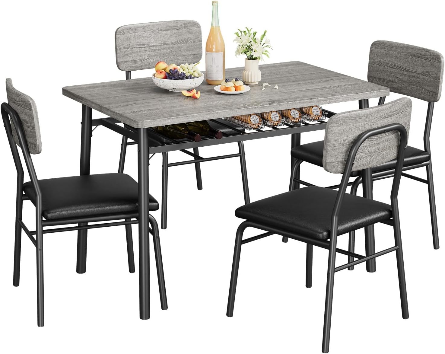 Dining Table Set for 4 w/ Storage Rack 5-Piece Kitchen Table & Upholstered Chair