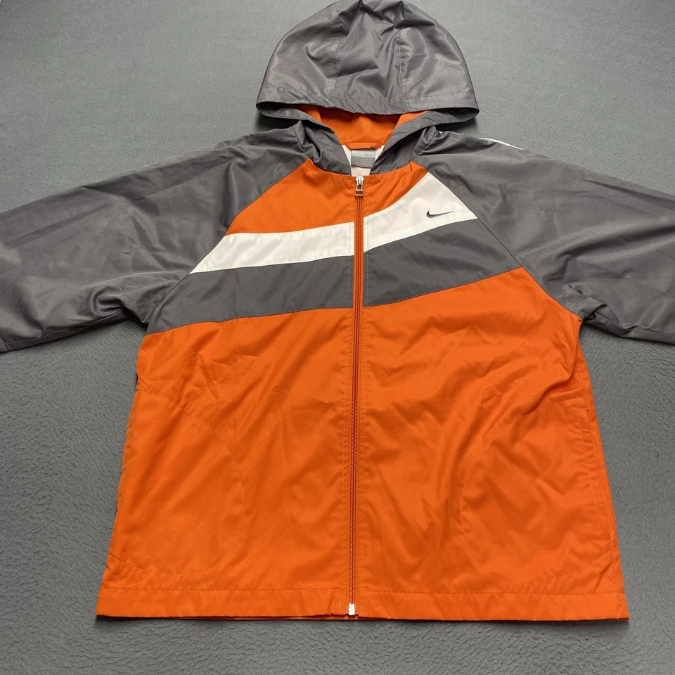 De Colección Chaqueta Nike Juvenil Grande Naranja Gris Con Capucha Cremallera Completa Cortavientos Ligera Foto 4 de 4