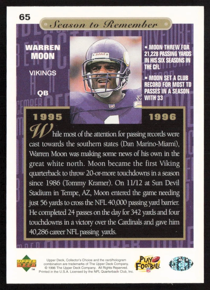 1996 Collector's Choice Warren Moon #65 Minnesota Vikings - Image 2 of 2