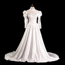 Custom Princess Wedding Dress - White - O-Neck Beaded Crystal Pearl Rose Lace