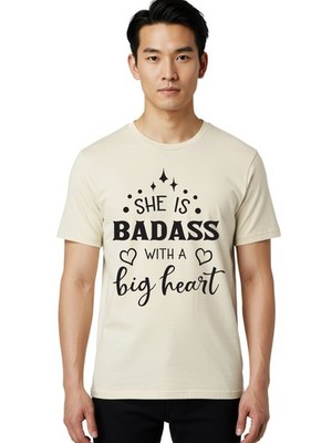 She-Is-Badass-With-A-Big-Heart Mens Graphic Tee, 100% Cotton, Casual Summer Wear